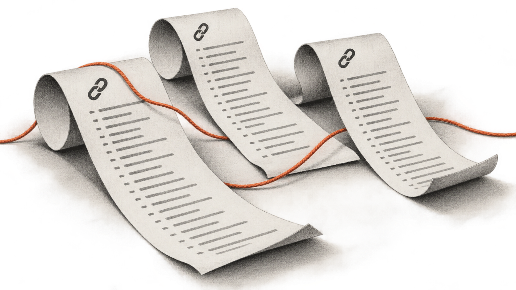 Conceptual charcoal illustration of three curled strips of abstract URL listings linked by a loose orange thread.