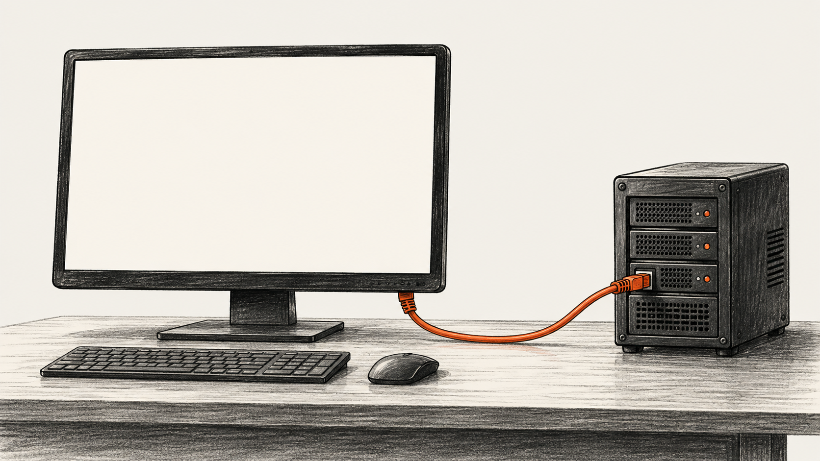 AI-generated conceptual illustration of a blank monitor connected to generic server equipment.