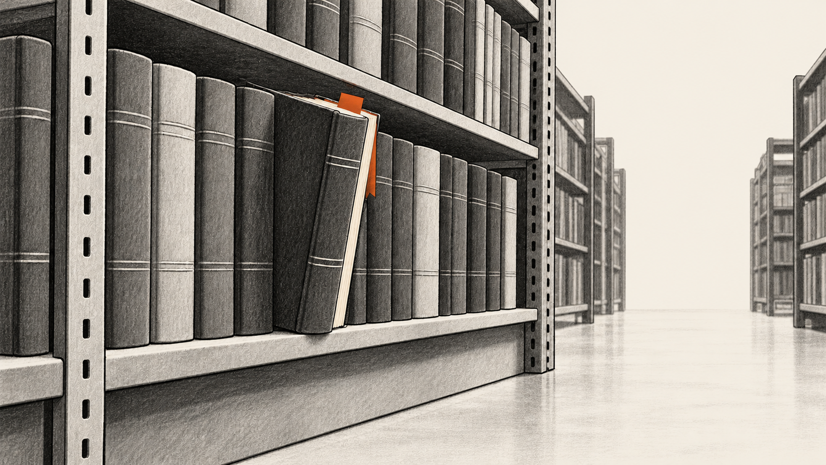 Journal shelves with one orange-marked volume.