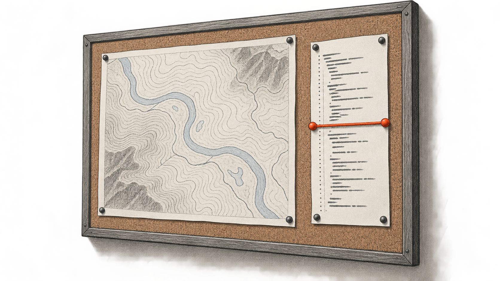 Conceptual charcoal illustration of a wall-mounted review board holding a generic topographic map and a separate page of code-like marks crossed by an orange cord.