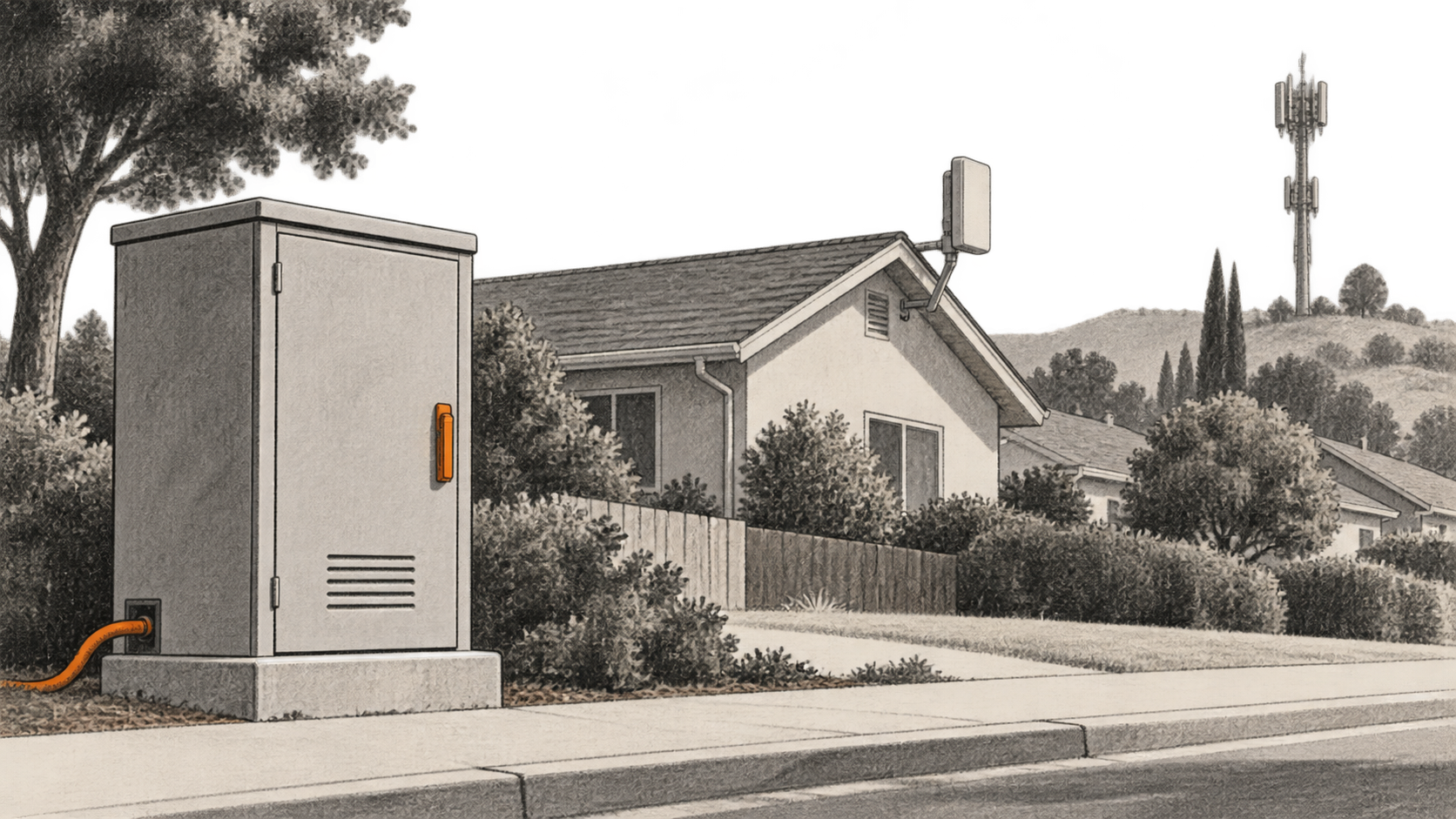 Conceptual charcoal illustration of a roadside network cabinet, a house with a small roof-mounted wireless receiver, and a distant cellular mast.