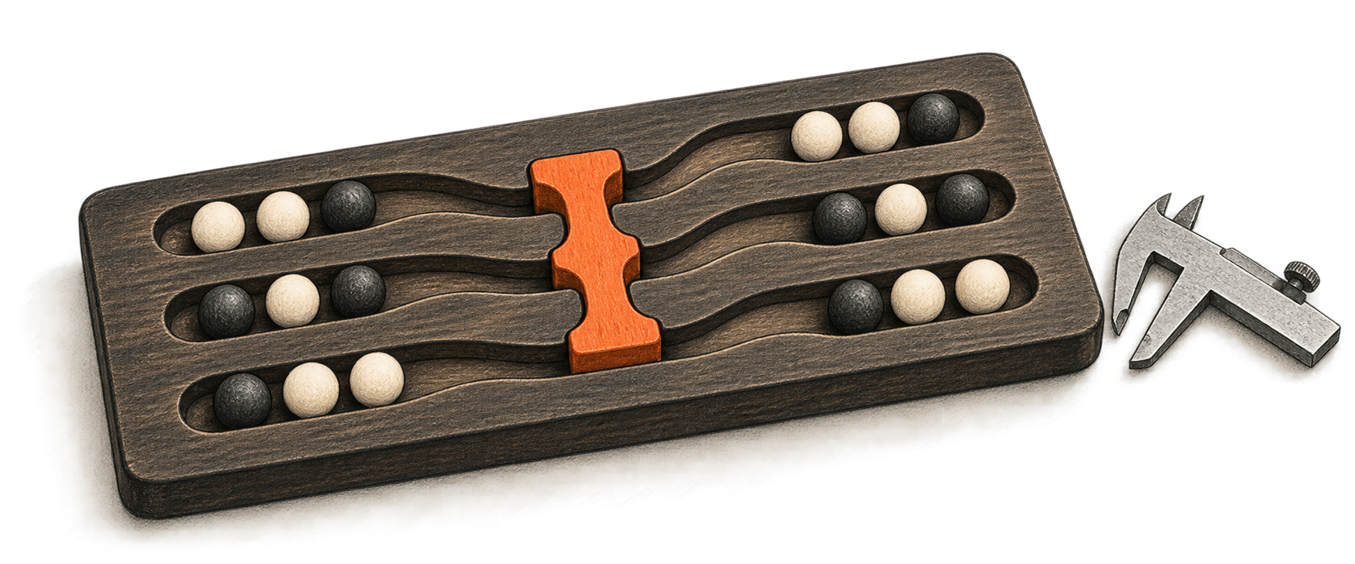 Conceptual charcoal illustration of pegs in three channels of a wooden logic model beside a separate measuring gauge.