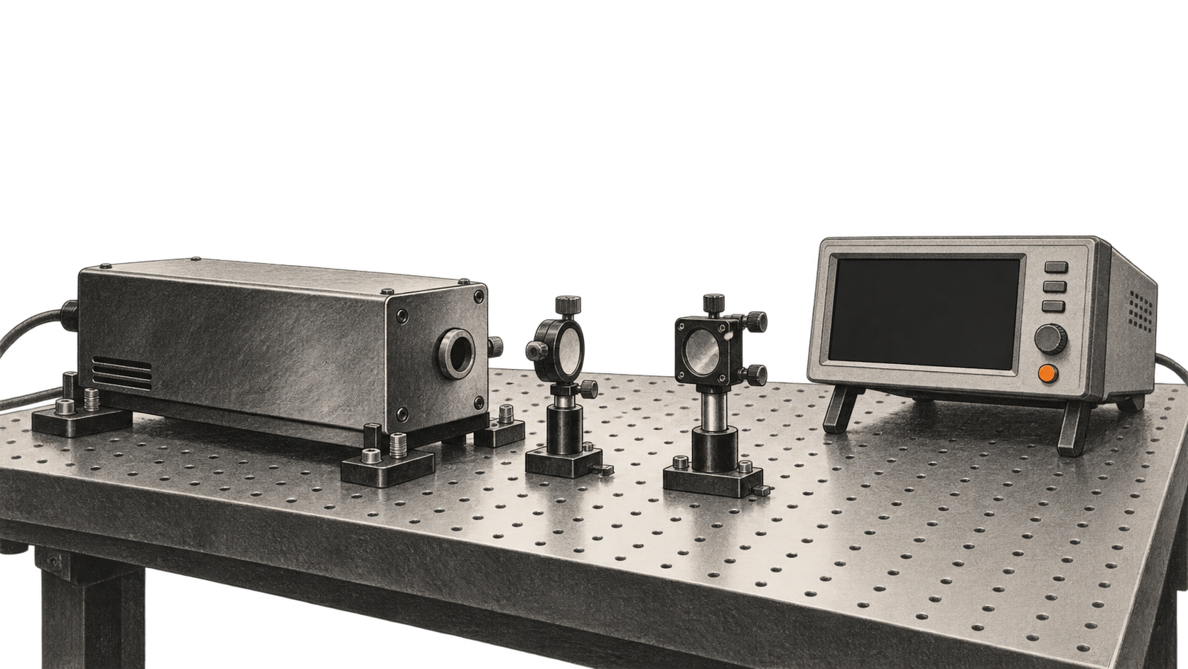 Conceptual charcoal illustration of an unbranded laser head, mounted optics and blank-display instrument on an optical test bench.