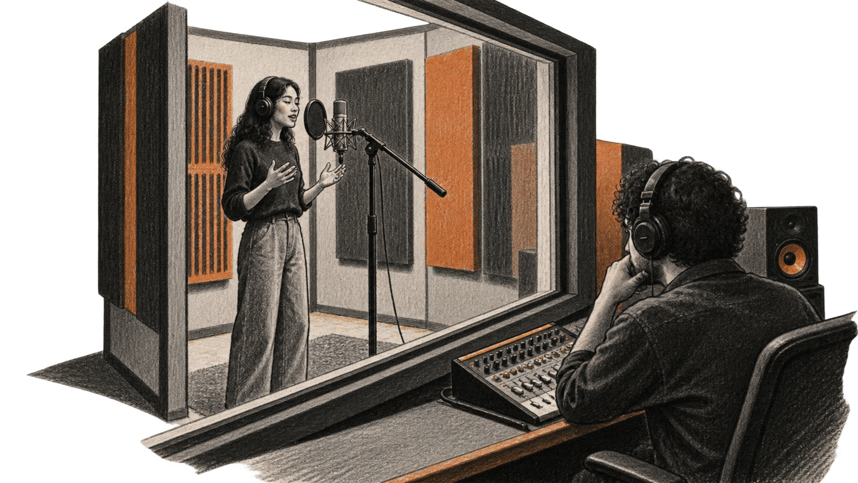 A speaker in a sound-treated booth talks into a studio microphone while a second person listens at a compact mixing console through glass.
