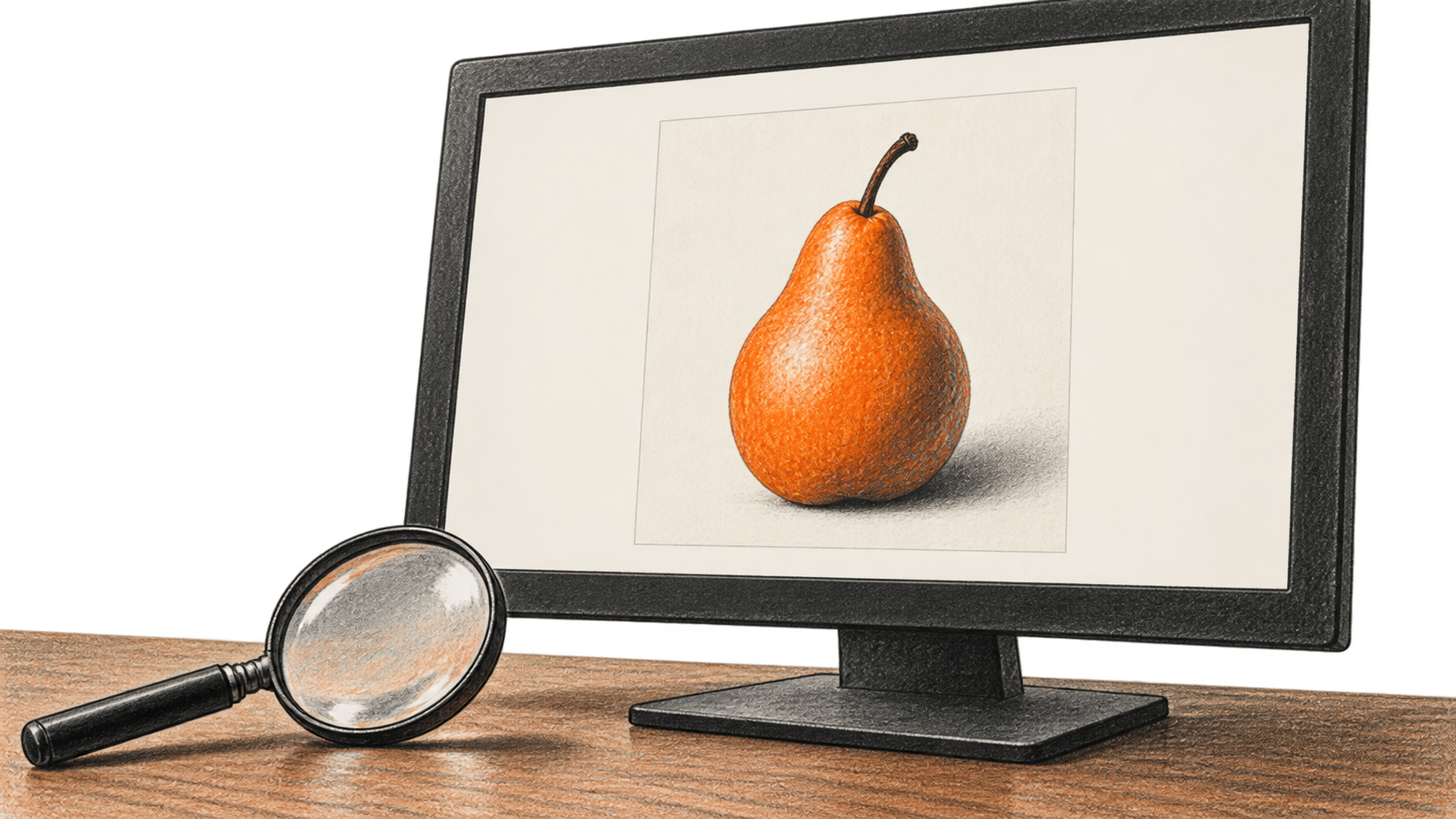 Conceptual charcoal illustration of a generic orange pear image on an unbranded desktop monitor, with a magnifying glass resting on the table in front.
