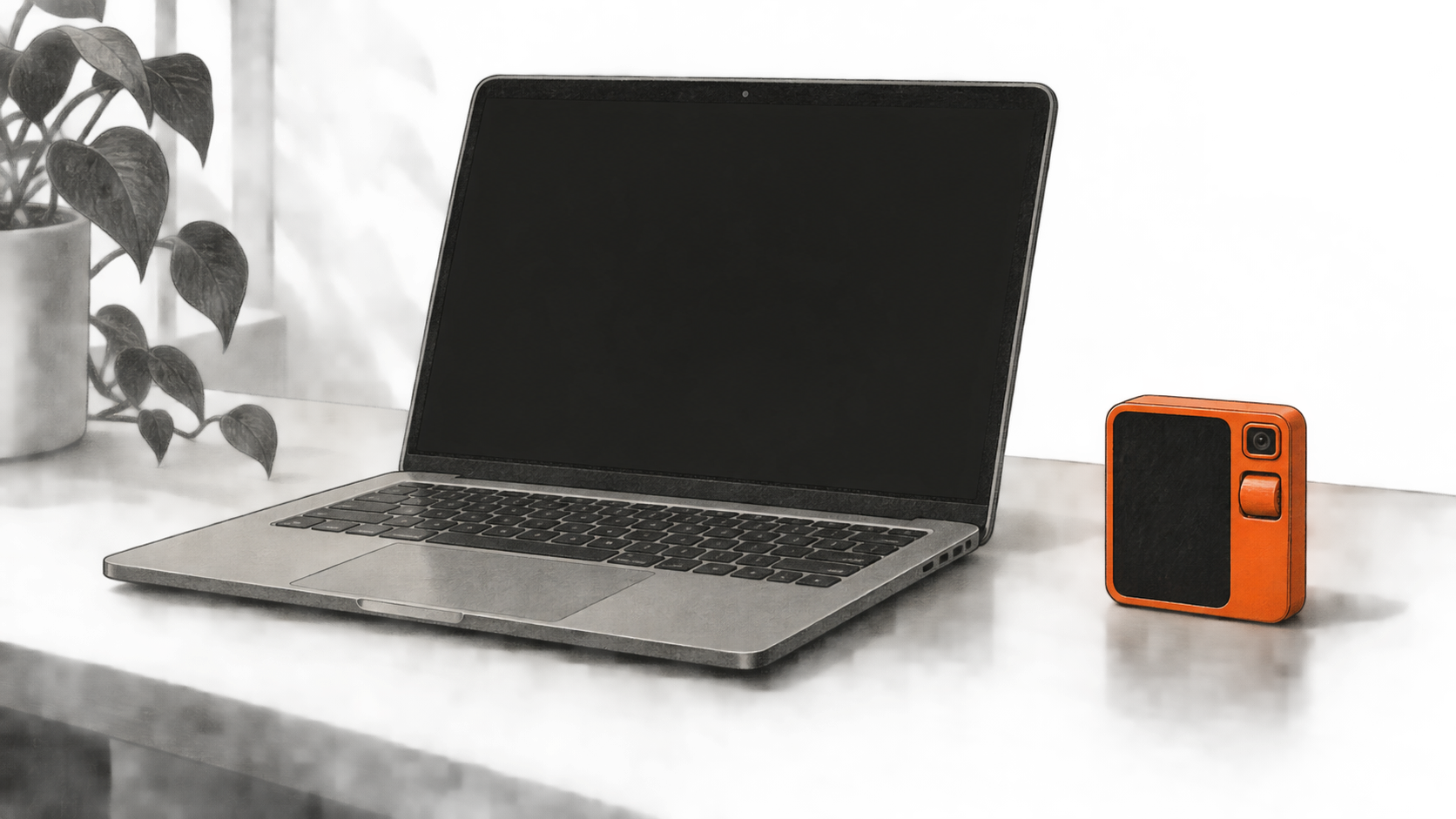 A blank open laptop sits on a simple surface beside an orange Rabbit r1 with a black screen panel, camera window and scroll wheel.