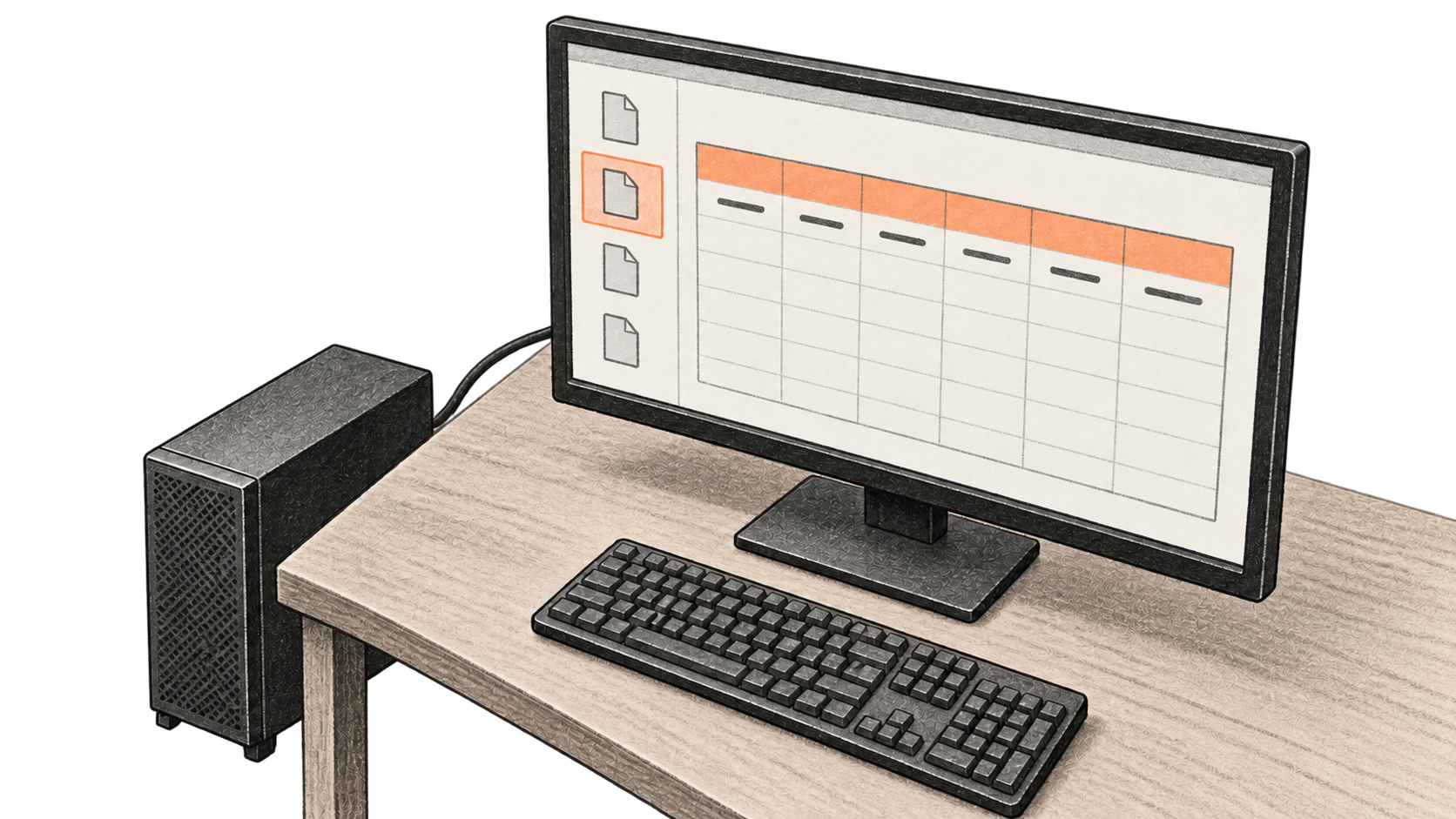 Conceptual charcoal illustration of a local computer tower beside a monitor showing an unlabeled file grid.