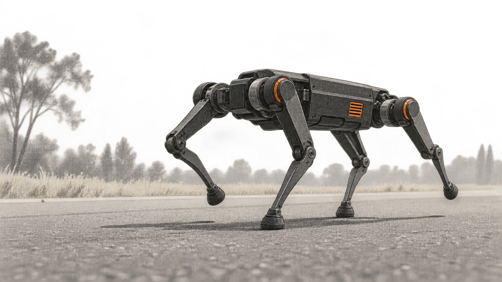 Conceptual charcoal illustration of a compact four-legged robot walking on an unmarked paved path.