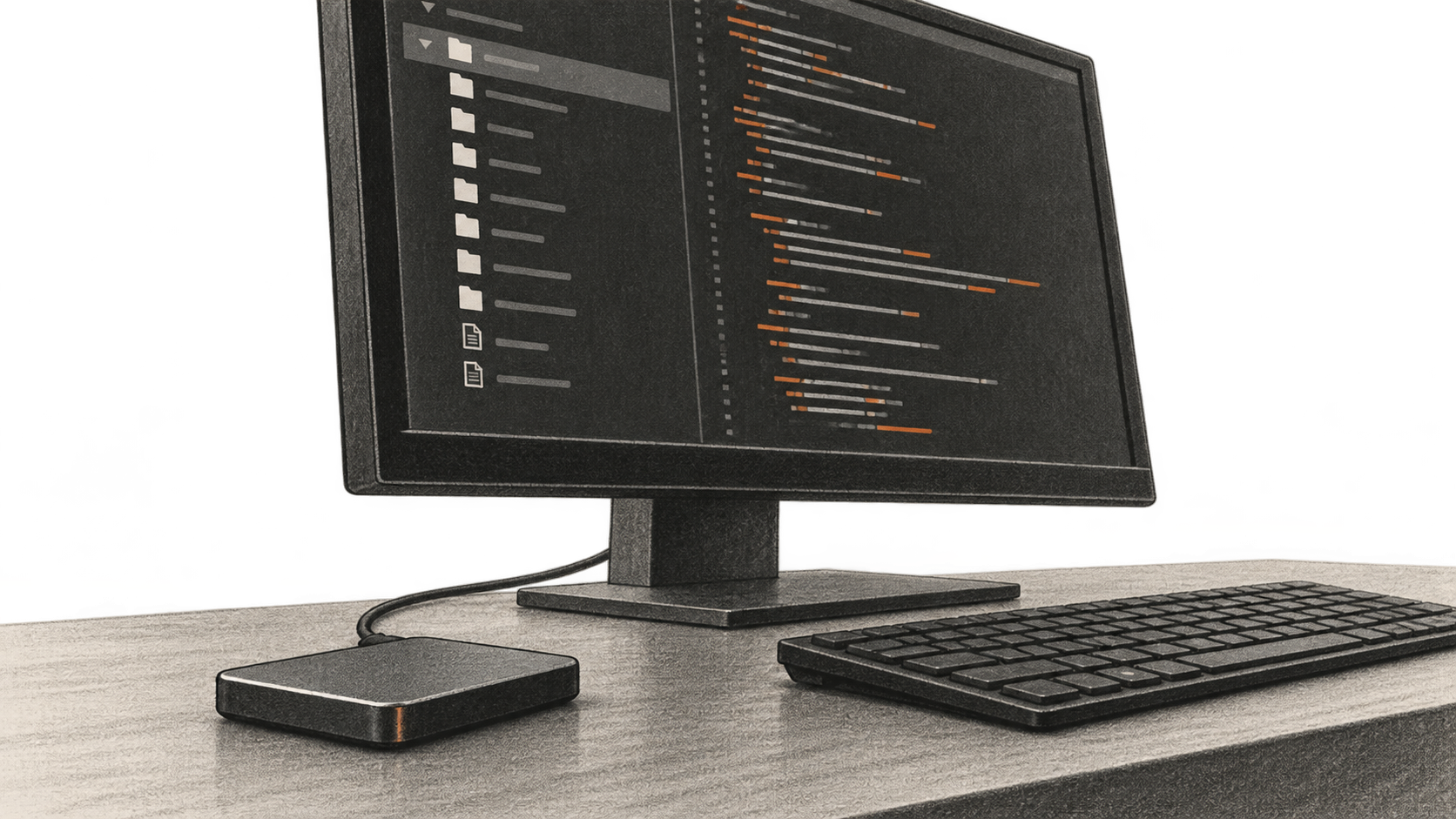 Conceptual charcoal illustration of an external storage drive beside a desktop monitor showing unlabeled file-tree and code-like lines.