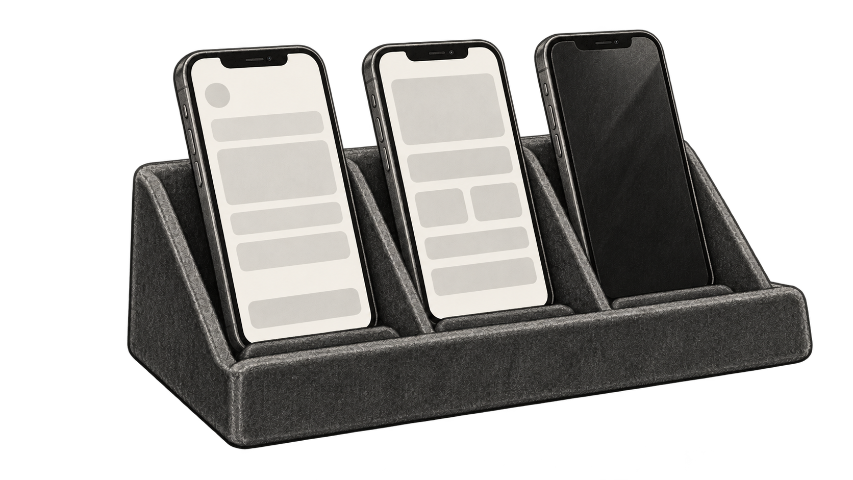 Conceptual charcoal illustration of three unbranded phones in separate slots of a small device rack; two show only blank gray blocks and the third screen is dark.