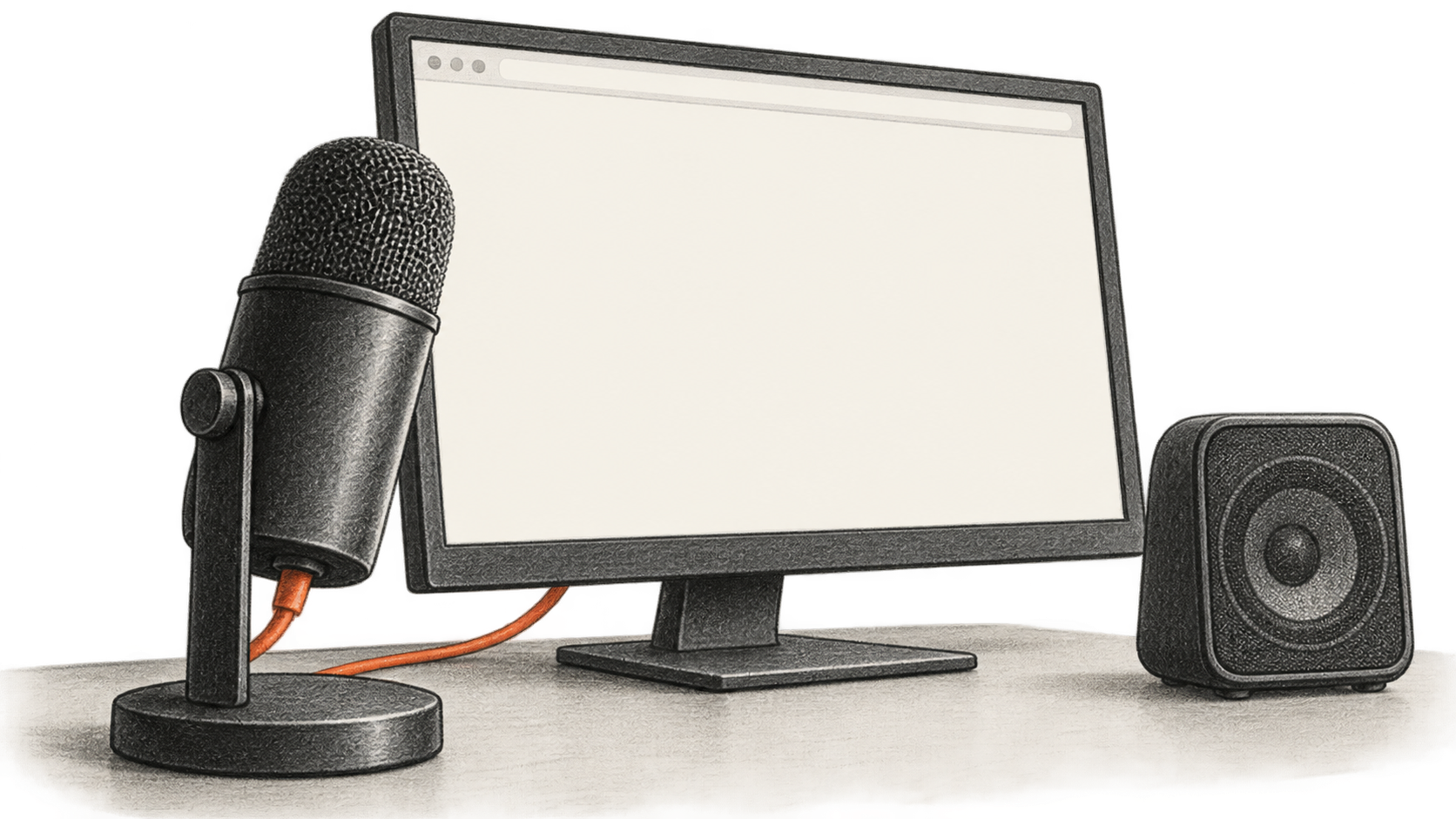 Conceptual charcoal illustration of a desktop microphone beside a blank browser on a monitor and a small speaker.