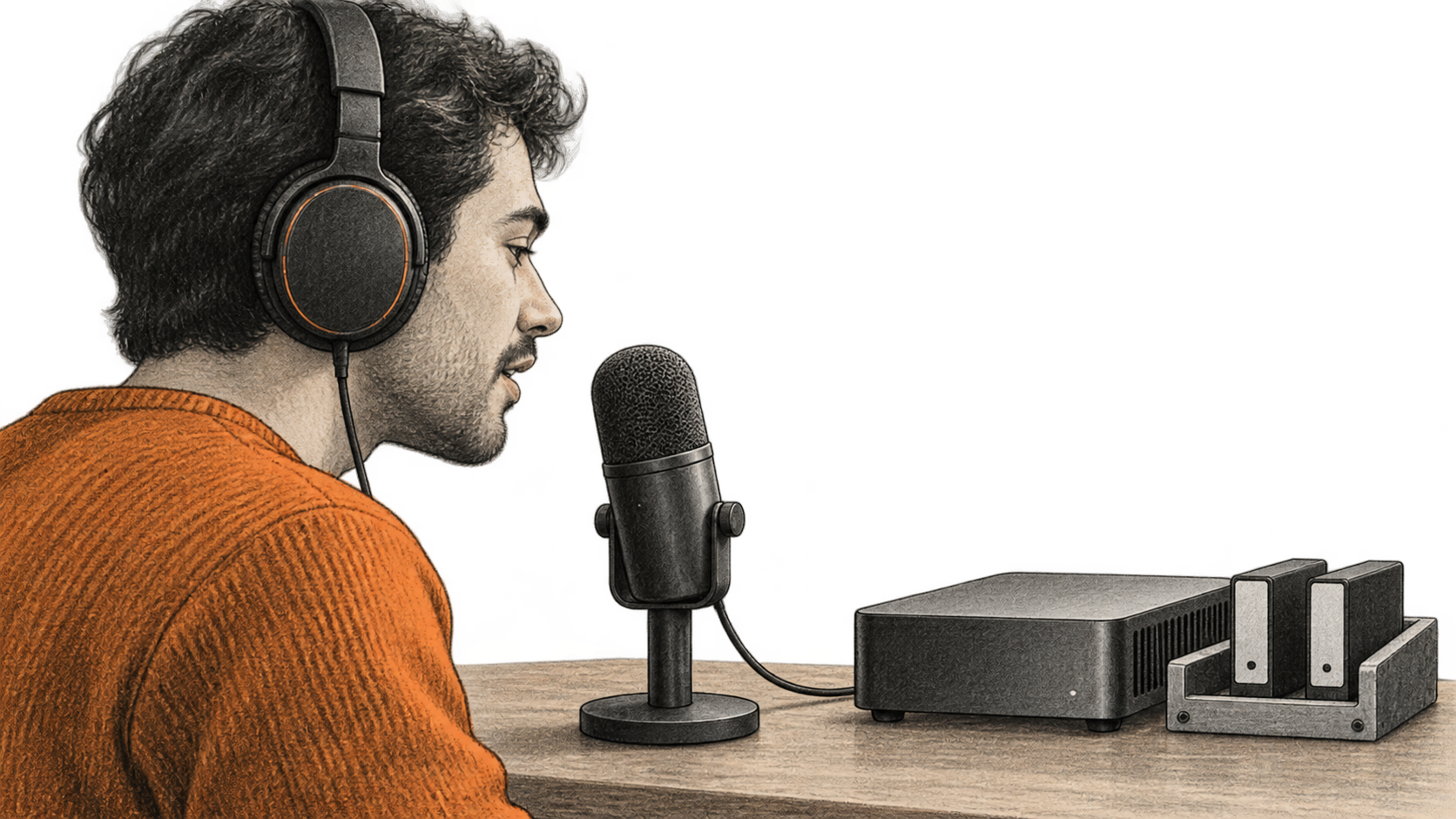 Conceptual charcoal illustration of a person speaking into a tabletop microphone while wearing headphones, with a compact computer and two separate unmarked modules nearby.