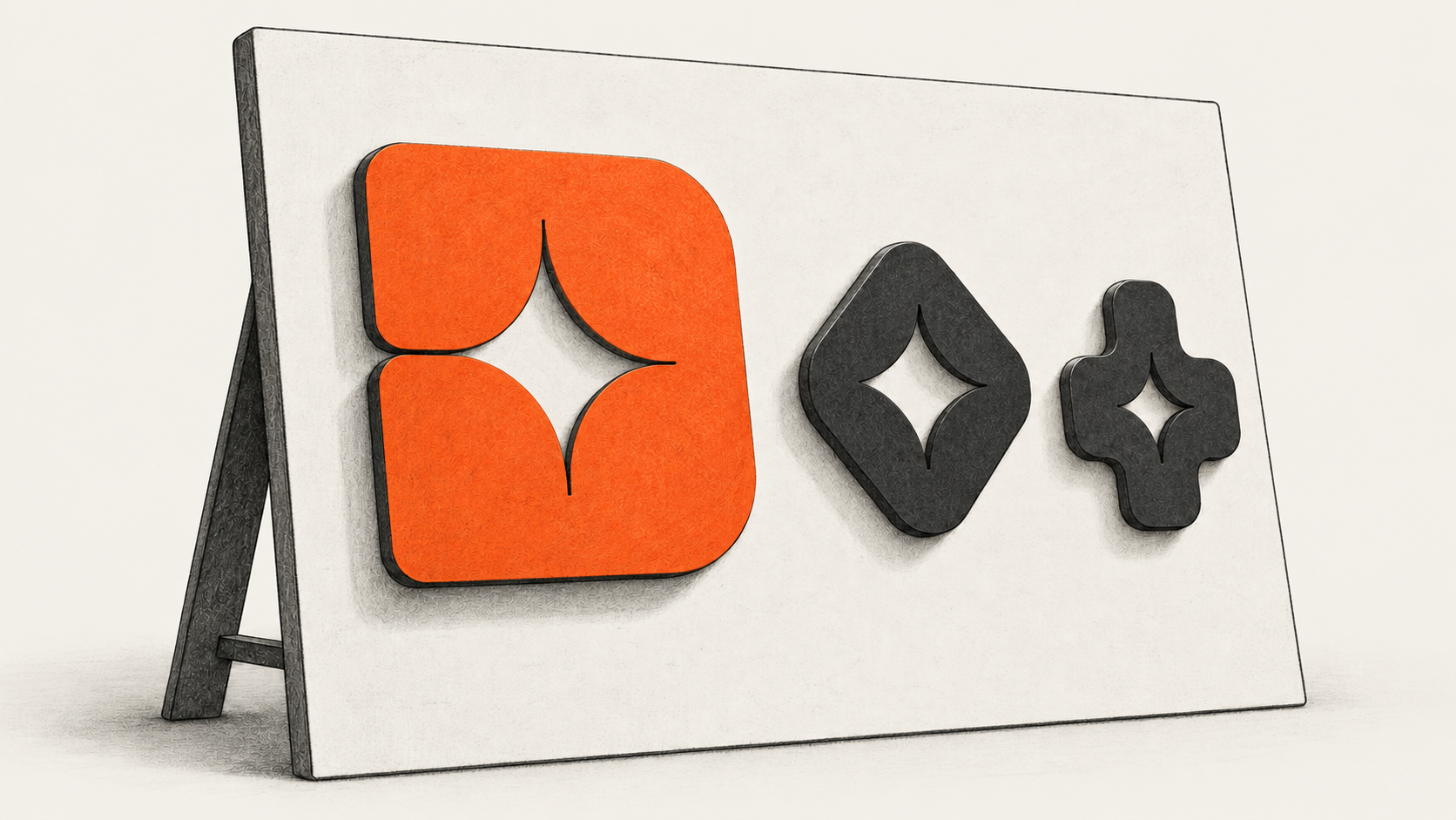 Conceptual charcoal illustration of three unbranded geometric symbol tiles, one large orange and two smaller dark shapes, mounted on a supported sample board.
