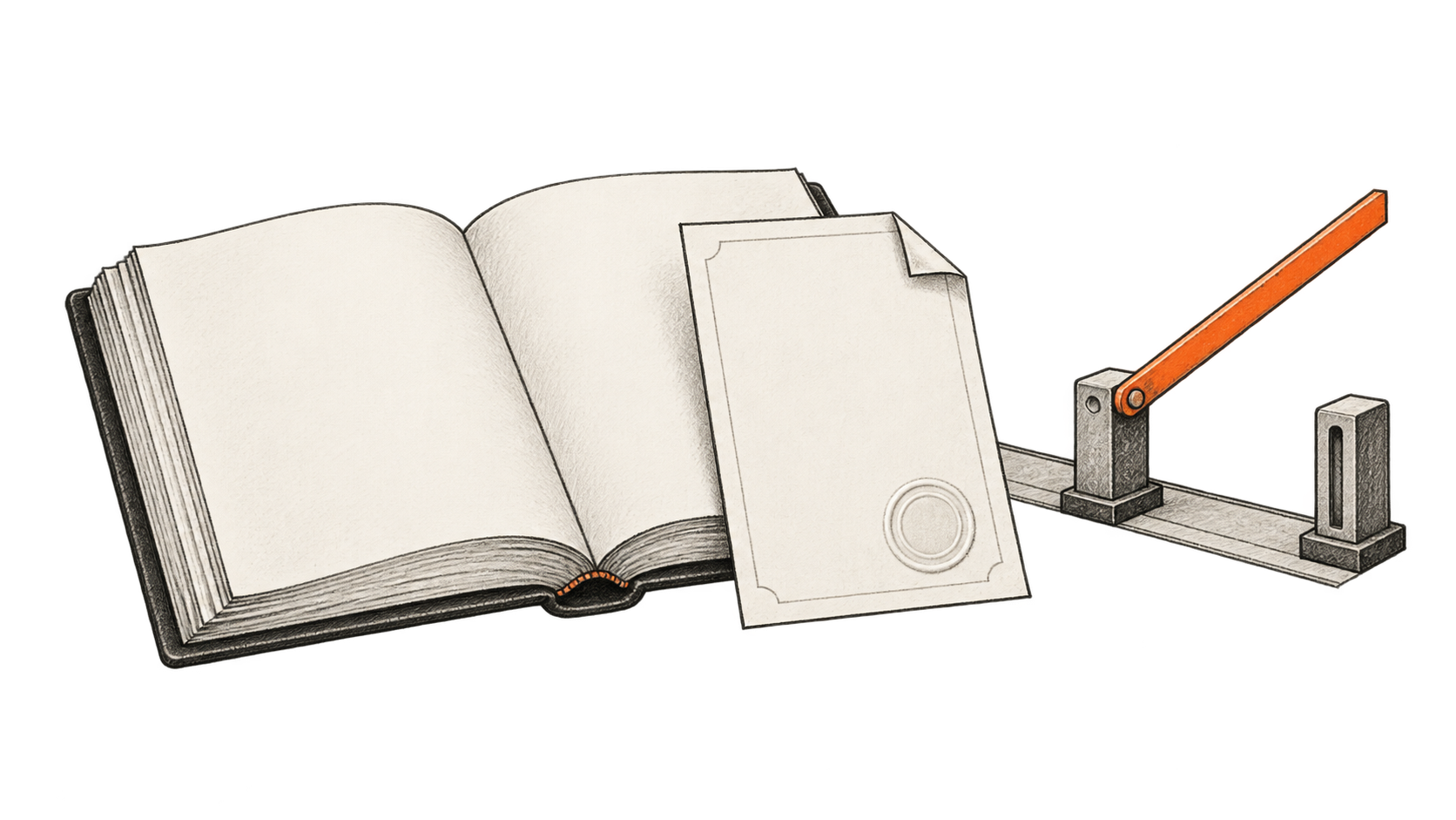 An open registry ledger and a sealed asset certificate sit beside a short track with an orange raised transfer barrier.
