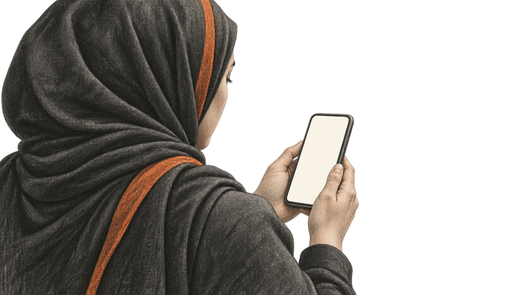 Conceptual illustration of one anonymous woman in a hijab holding a plain smartphone with a blank screen.