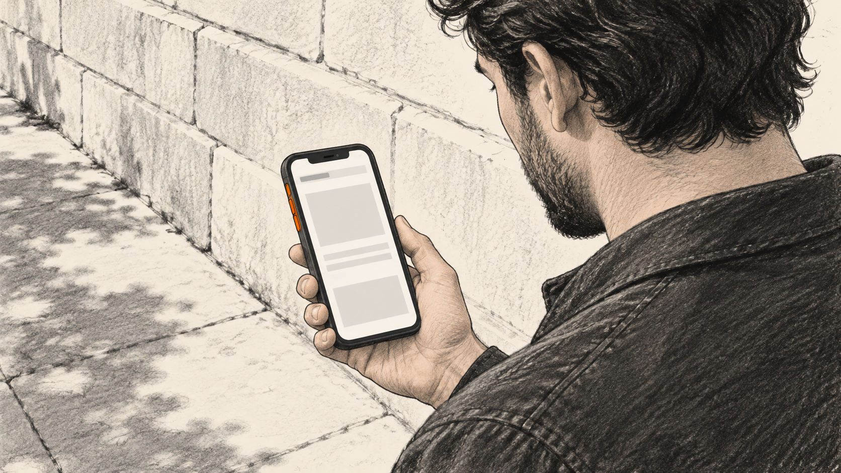 Conceptual charcoal illustration of one person outdoors checking a blank, unbranded web page on a phone.