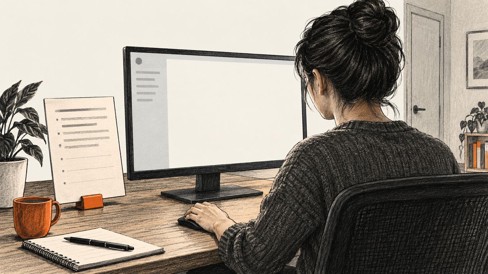 Conceptual charcoal illustration of a seated person reviewing a blank app screen beside an upright requirements card.