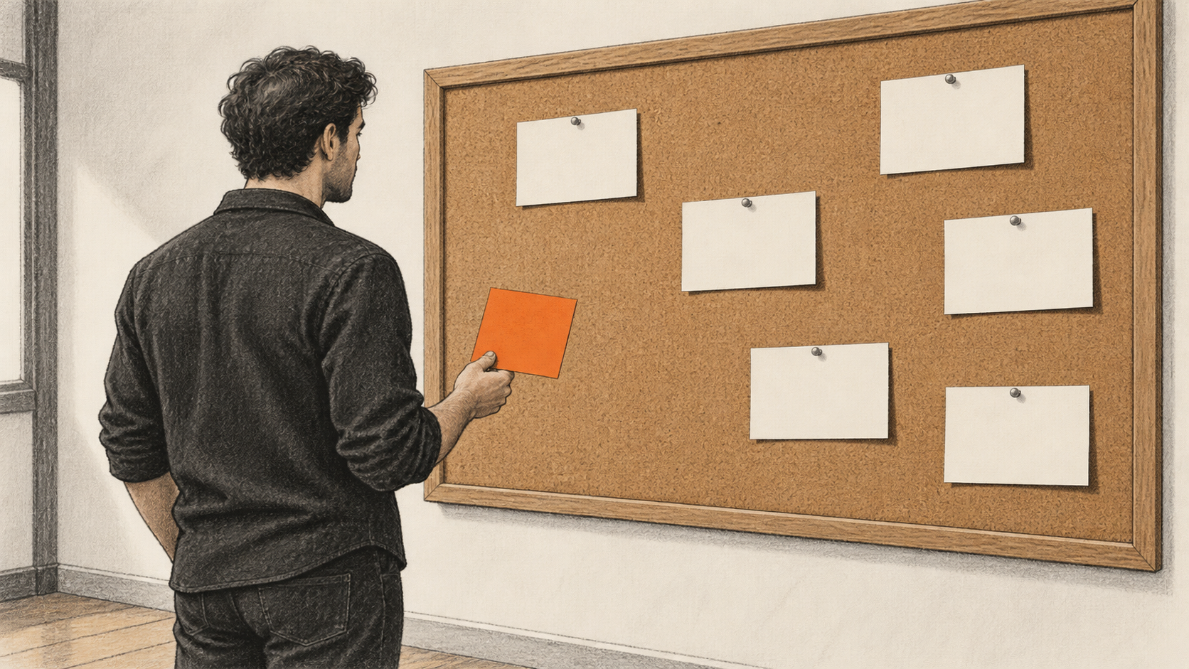 Conceptual charcoal illustration of a reviewer holding an orange card beside a wall-mounted board with several pinned blank cards.