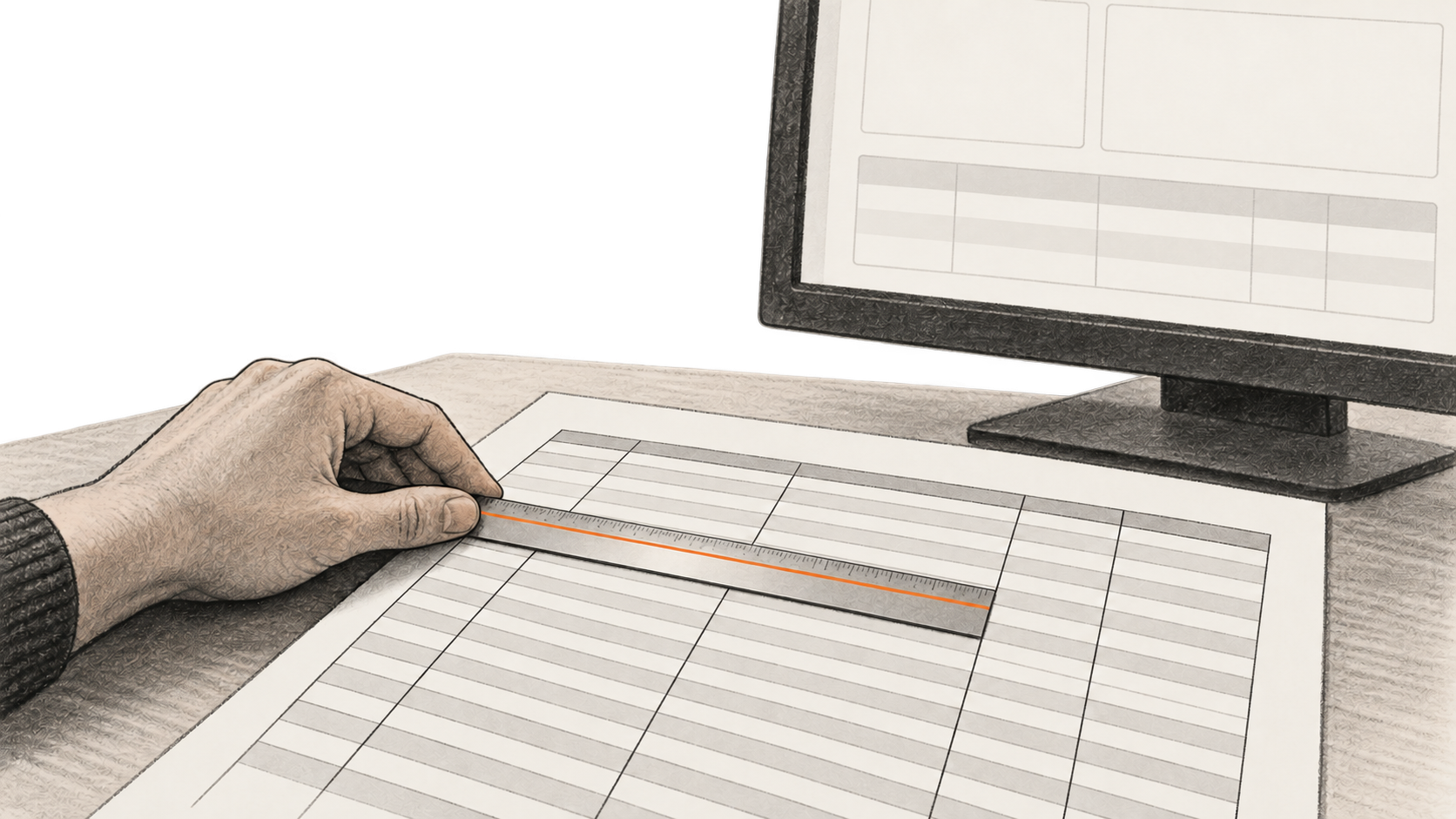 Conceptual charcoal illustration of one hand aligning a straightedge with blank rows on an export sheet, with a partial unbranded monitor showing an empty layout behind it.