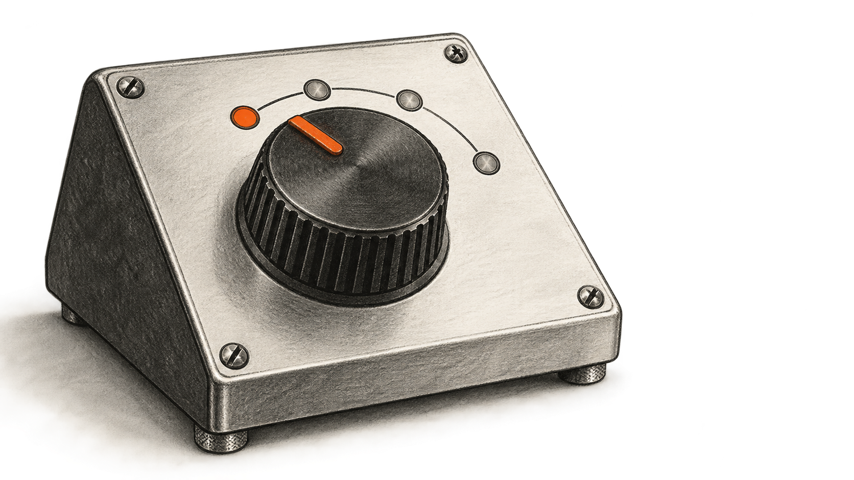 Conceptual charcoal illustration of a rotary selector resting on a tabletop, with its orange pointer near one position and three other positions available.