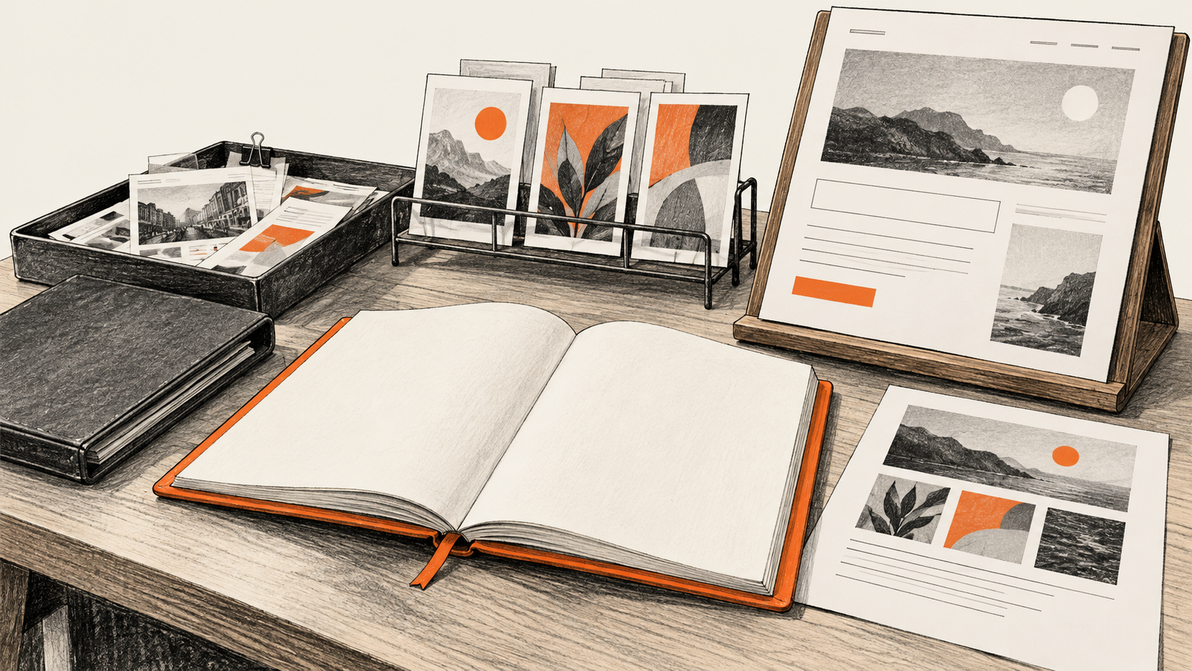 Conceptual charcoal illustration of an open blank campaign brief on a proofing table, with a research clipping tray, printed marketing proofs and a landing-page proof on an easel.