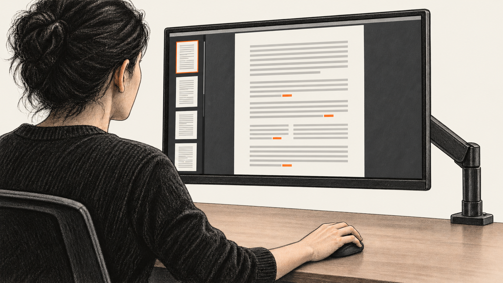 Conceptual charcoal illustration of a reader inspecting a multipage PDF with orange inline links on one monitor.