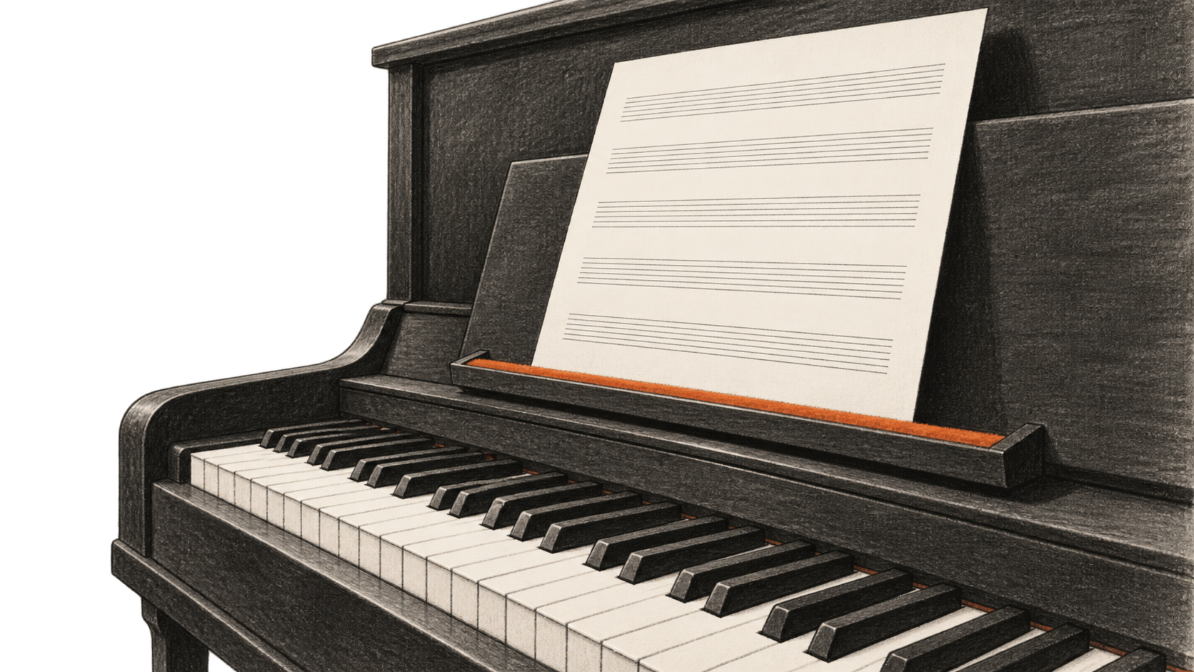 Conceptual charcoal illustration of an upright piano with blank music staves on its rest.