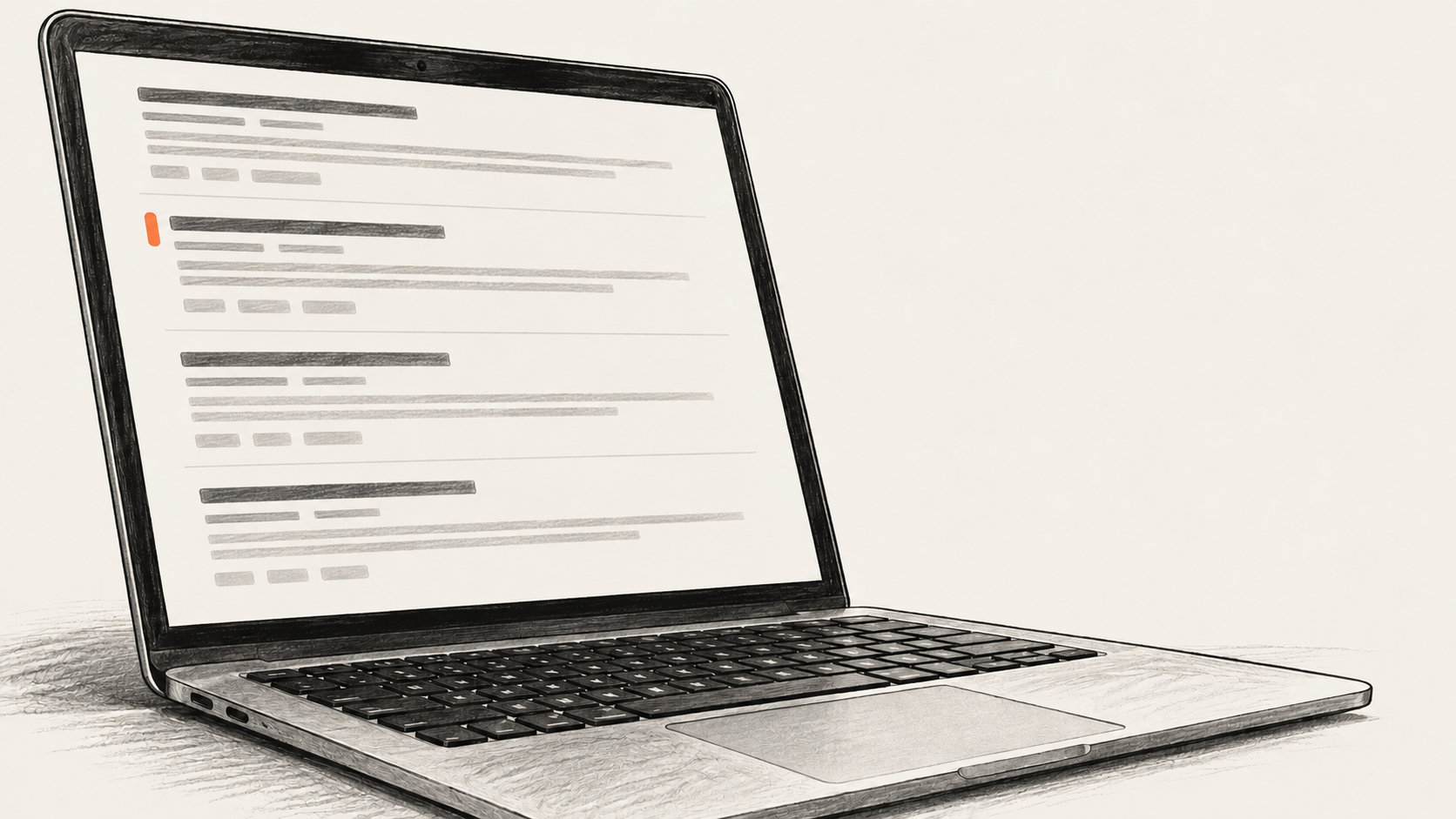 Conceptual charcoal illustration of one laptop showing an anonymous text-only blog listing with one orange cursor mark.
