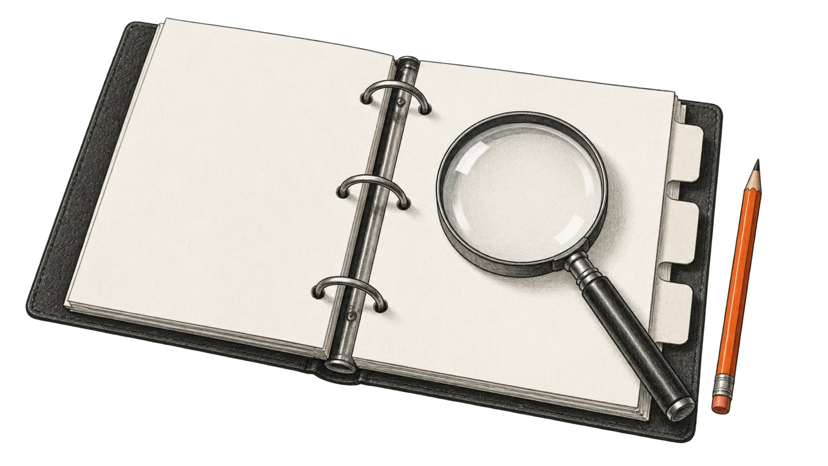 An open ring binder with blank divider tabs lies beneath a magnifying glass, with an orange pencil beside it.