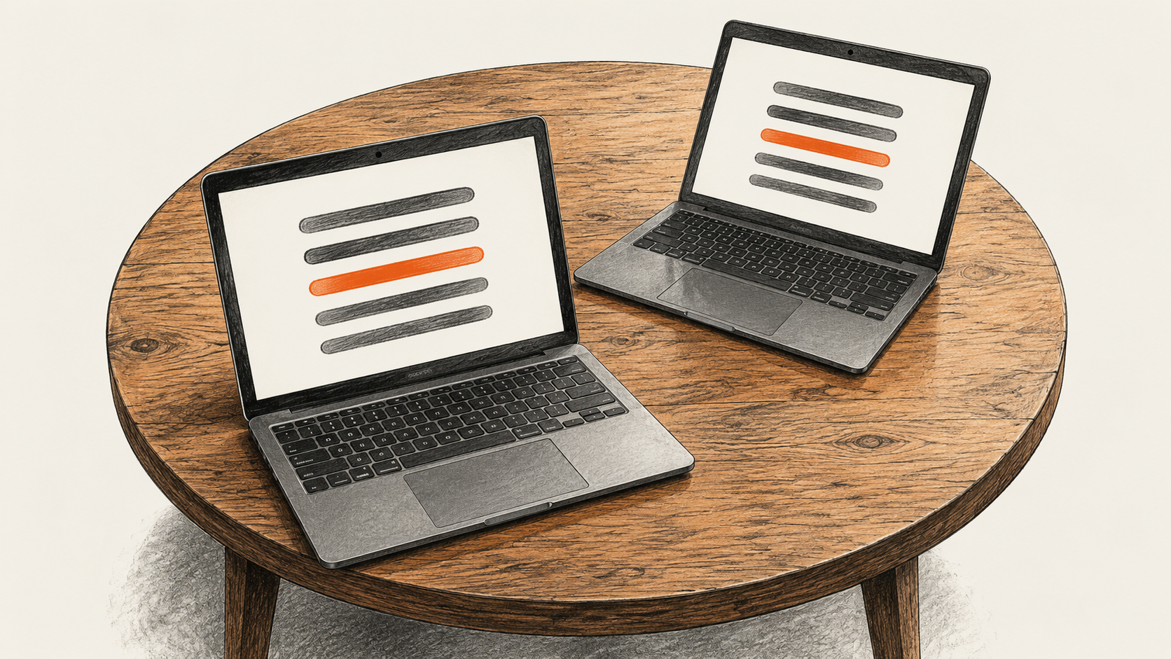 Conceptual charcoal illustration of two separate laptops on a round table, each displaying the same five abstract text strokes with the third row orange.