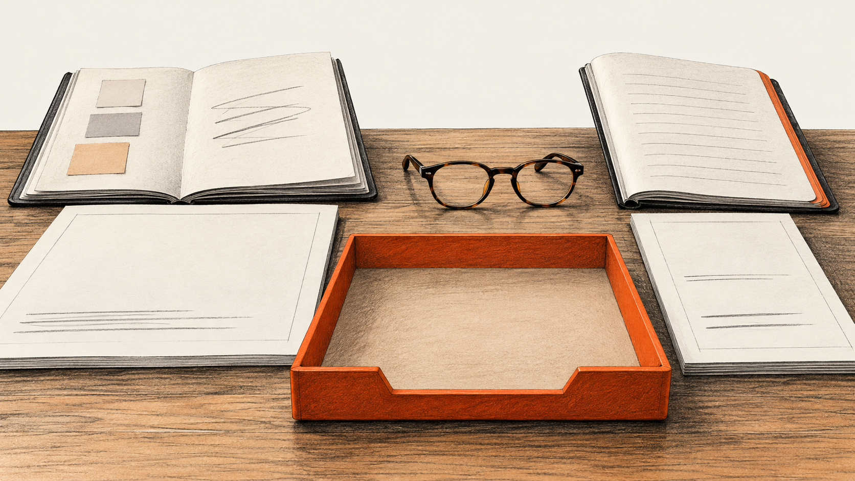 Conceptual charcoal illustration of two open unbranded folios and two draft sheets on a table, with reading glasses between them and an empty orange tray in front.