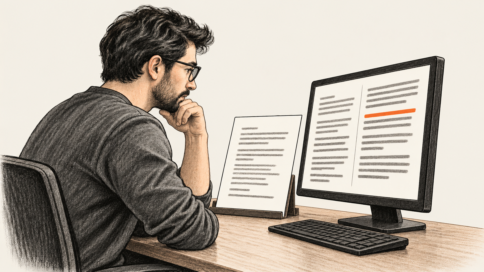 Conceptual charcoal illustration of a seated reviewer comparing an upright project note with two areas of indistinct text on a desktop monitor; one line is orange.