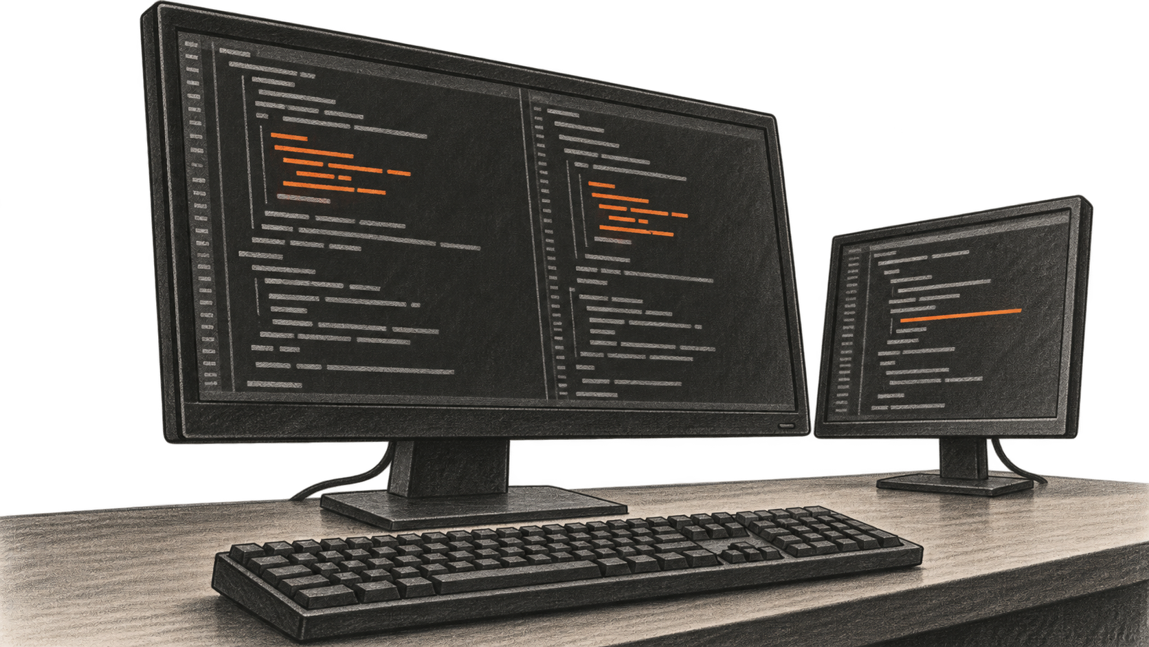Conceptual charcoal illustration of two physical computer monitors on a desk, with orange code-like marks repeating in two panes of the larger screen and an orange underline on the smaller screen.