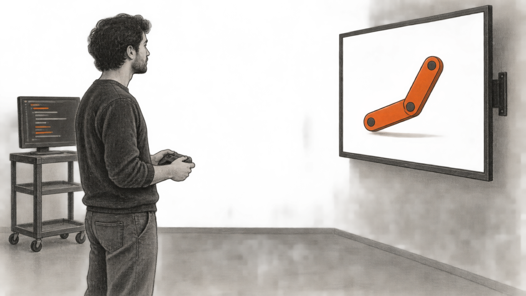 A designer holds a controller while viewing an orange jointed animation shape on a wall-mounted display, with a smaller screen of indented lines nearby.