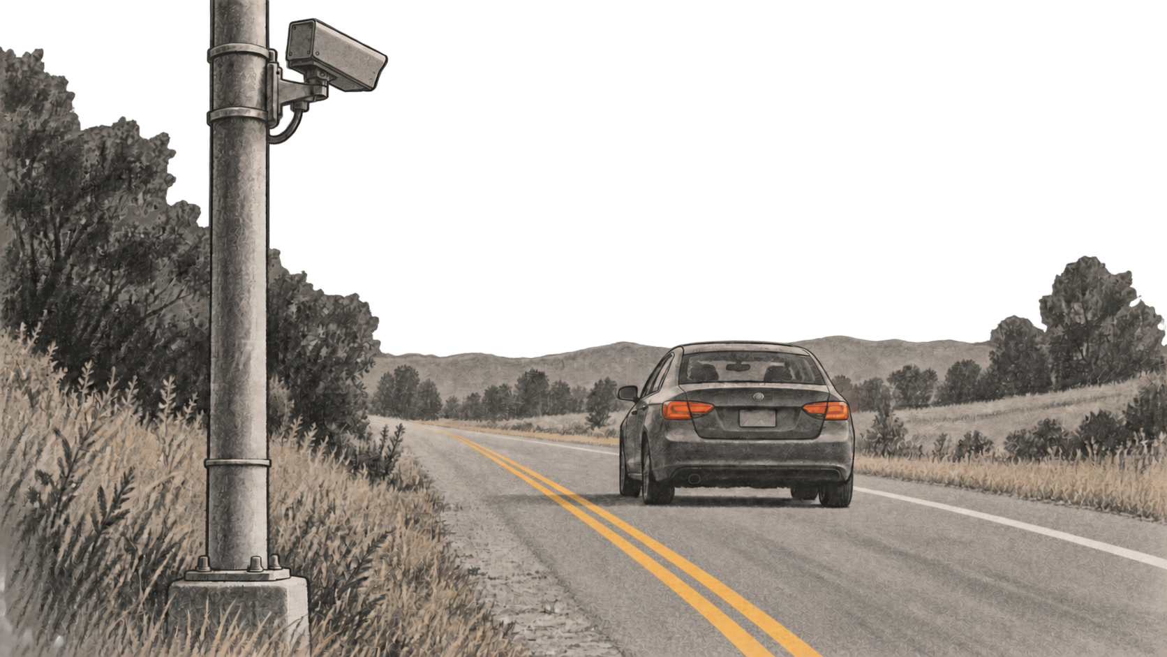 An unbranded roadside camera on a pole faces the rear of a car traveling away along a two-lane road.