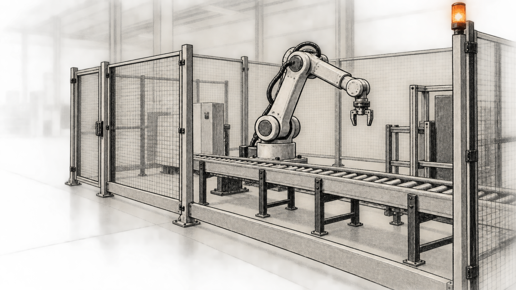 Conceptual charcoal illustration of a stationary, unbranded industrial robot arm behind a safety guard beside an empty roller conveyor.
