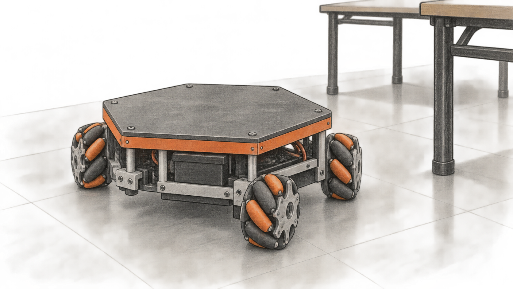 A low hexagonal wheeled teaching robot rests on a tiled classroom floor, with two plain student tables behind it.
