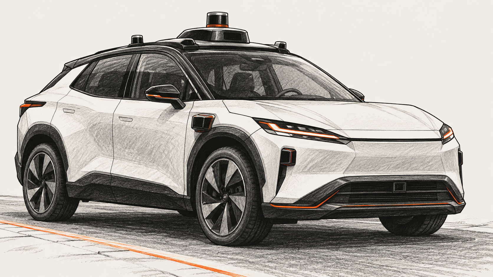 AI-generated conceptual illustration of an autonomous electric crossover with roof sensors.