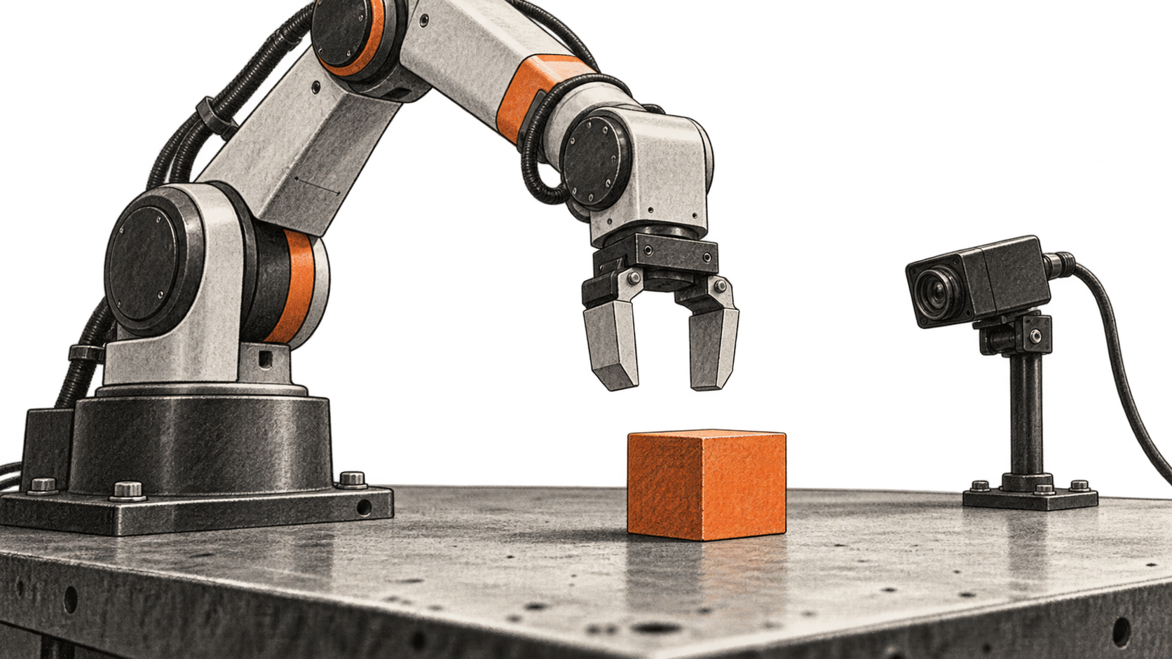 Conceptual illustration of a generic robot arm with an open gripper above an orange block, beside a mounted camera.