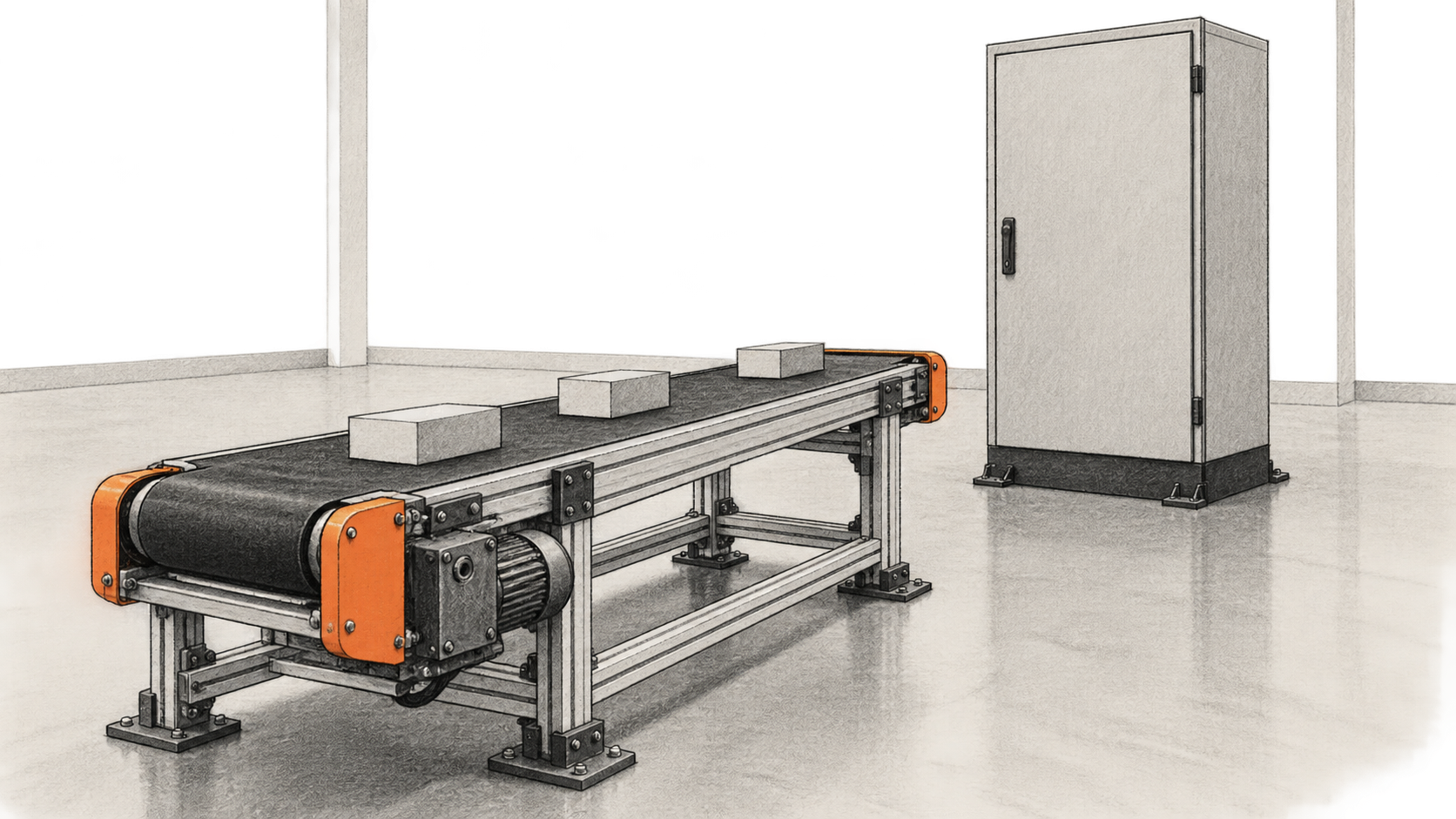 Conceptual charcoal illustration of an unbranded conveyor test rig with three blank workpieces and a separate closed equipment cabinet in an empty engineering lab.