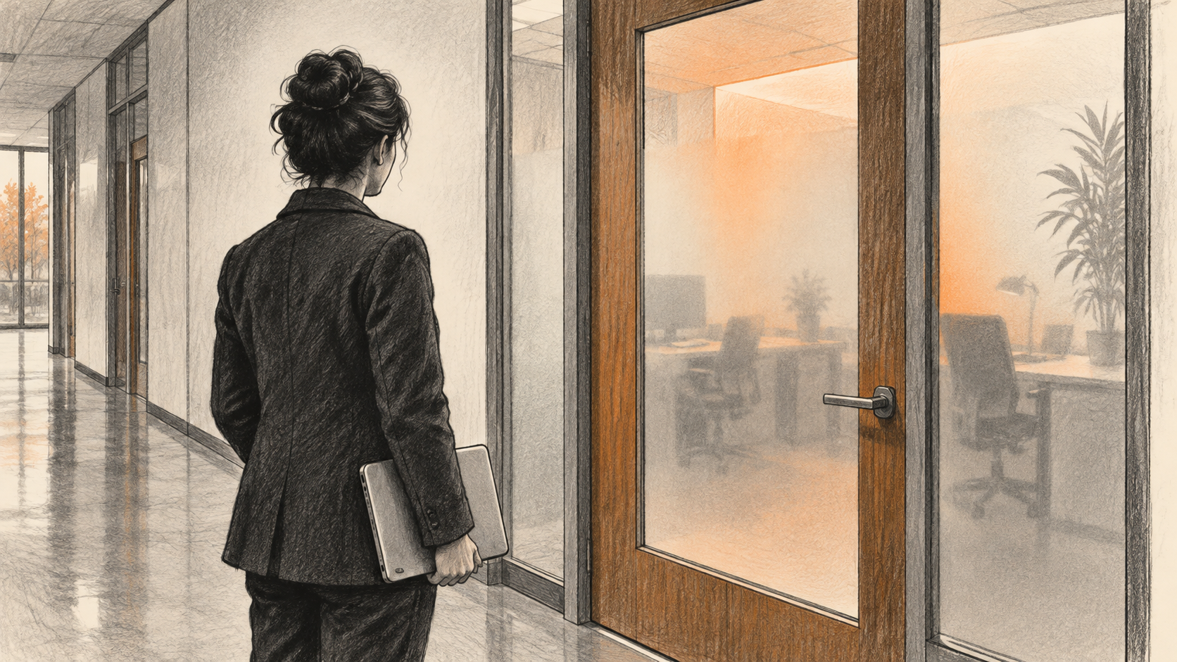 Conceptual charcoal illustration of one person holding a closed laptop outside a glass-doored university research office.