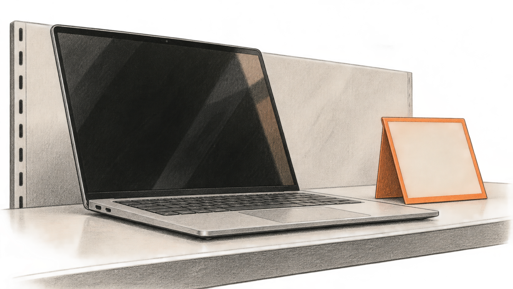 Conceptual charcoal illustration of one unbranded open laptop on a display shelf beside a blank orange-edged information stand.