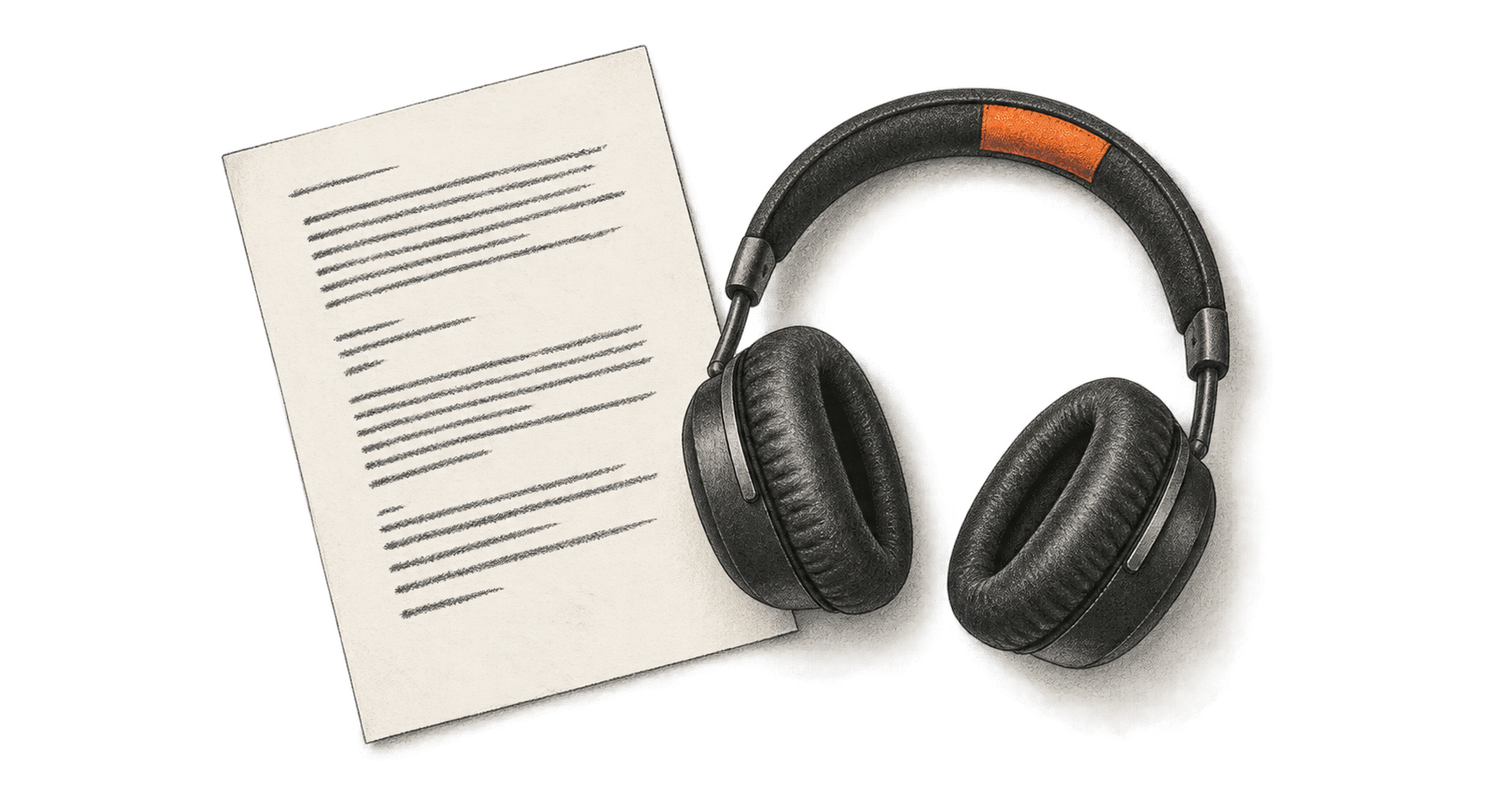 Conceptual charcoal illustration of unbranded headphones resting beside a loose script sheet with abstract text strokes.
