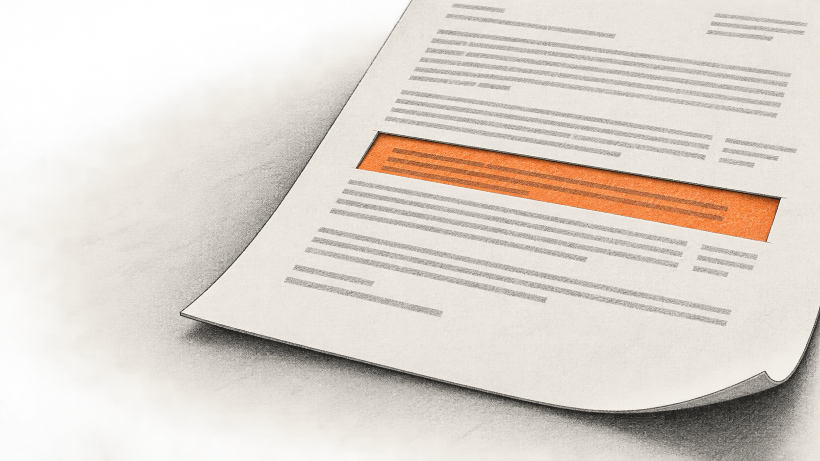 Conceptual charcoal illustration of a printed scientific manuscript with one orange replacement passage inserted into the page.