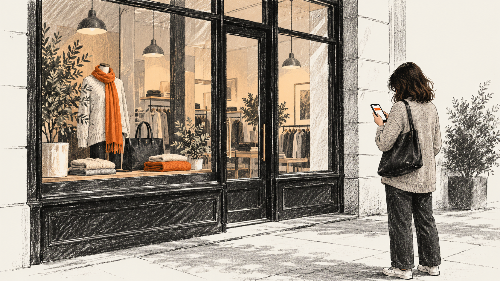 Conceptual charcoal illustration of a shopper looking at an unbranded phone outside a clothing store window.
