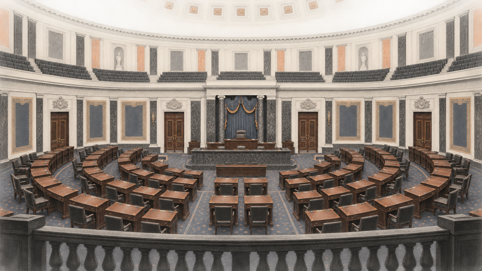 An empty U.S. Senate Chamber viewed from the rear gallery, with curved rows of wooden desks leading to the presiding officer’s desk.