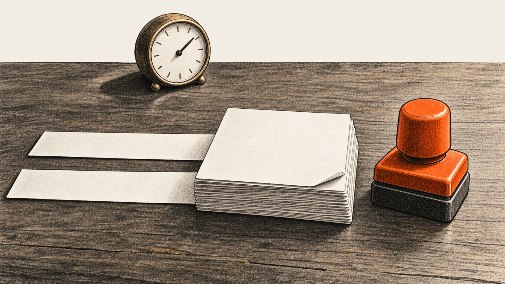 Conceptual charcoal illustration of two blank parallel instruction strips, a face-down card stack, a desk clock and an unused orange approval stamp.