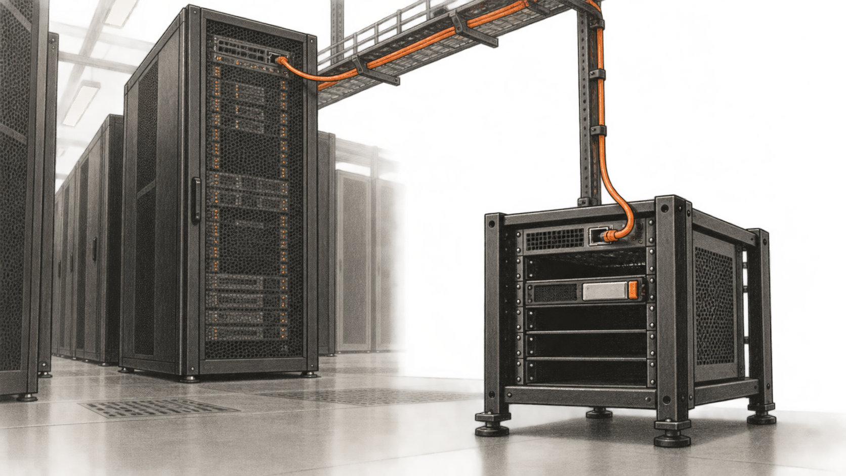 Conceptual charcoal illustration of a tall service rack connected by an orange cable to a smaller client node in a data center aisle.