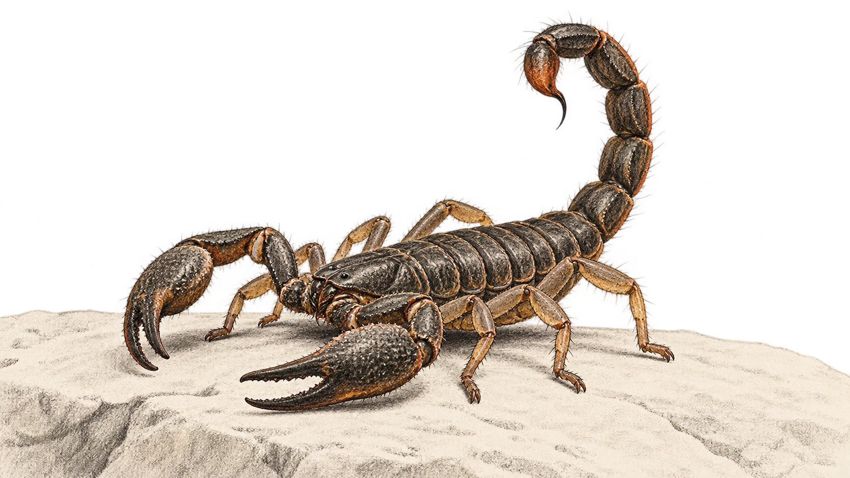 Conceptual charcoal illustration of one scorpion on a pale stone surface, with its pincers forward and curved stinging tail raised.