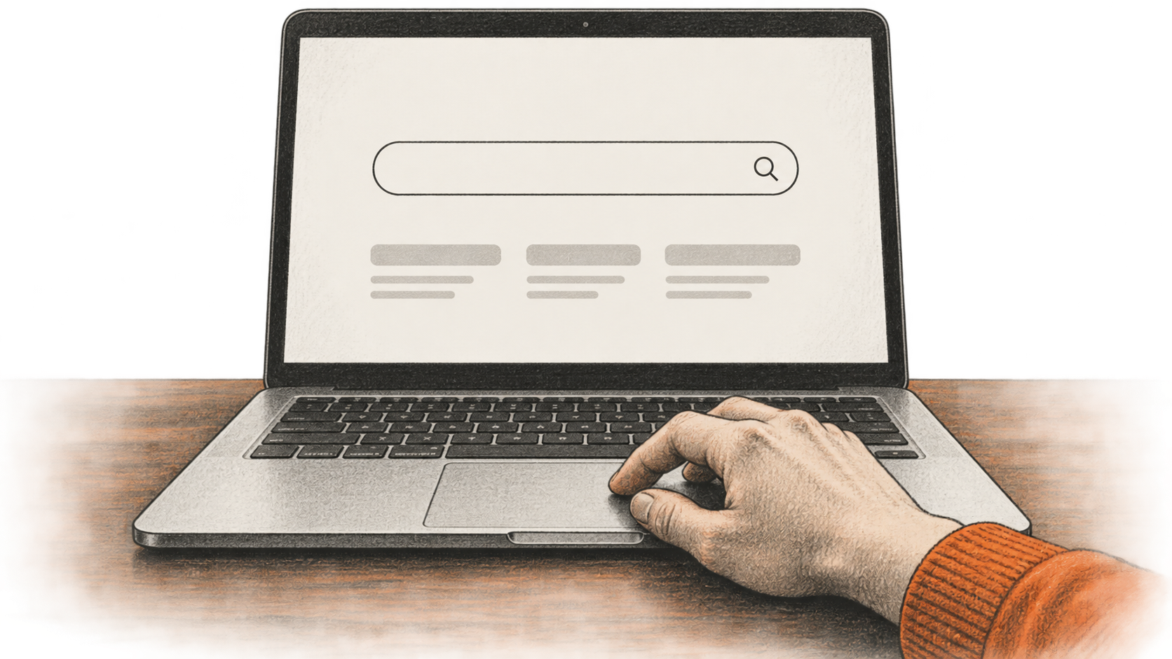 Conceptual illustration of a hand on a laptop trackpad beneath an unbranded search field.